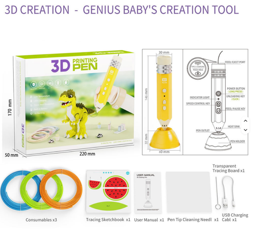 3D Printing Pen for Kids – Low-Temperature Safe No-Burn Tip, Art Drawing & DIY Craft Pen Set with Filaments